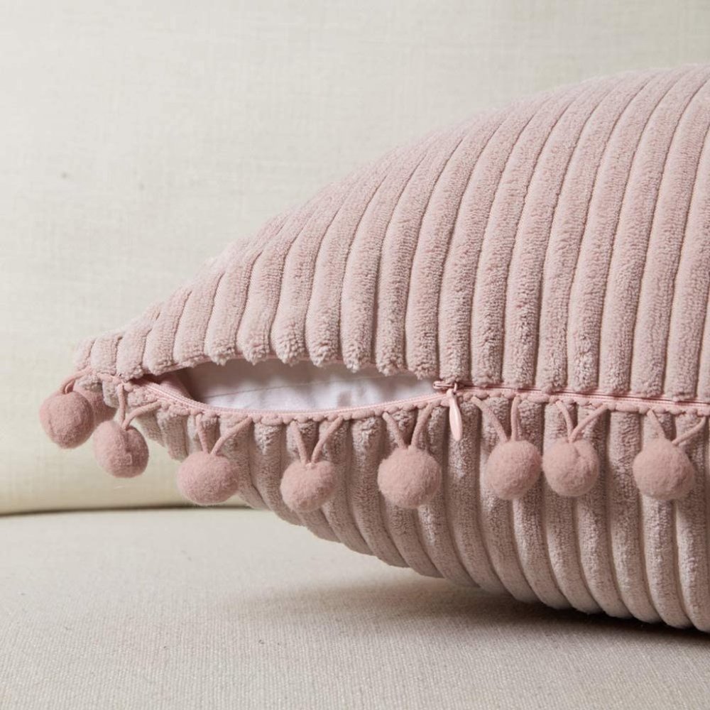 Blush Pink Corduroy Luxury Velvet Pompom Bed/Sofa Throw Pillow Cover/CaseSet - Picture 4 of 8